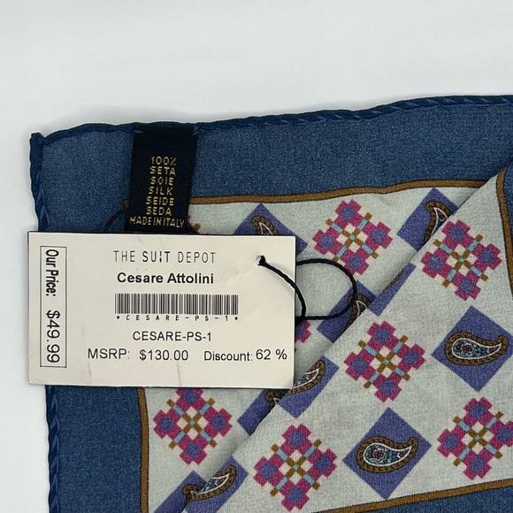 NWT 100% Silk Cesare Attolini Pocket Square Blue - Gray. (12X12) - Picture 6 of 6